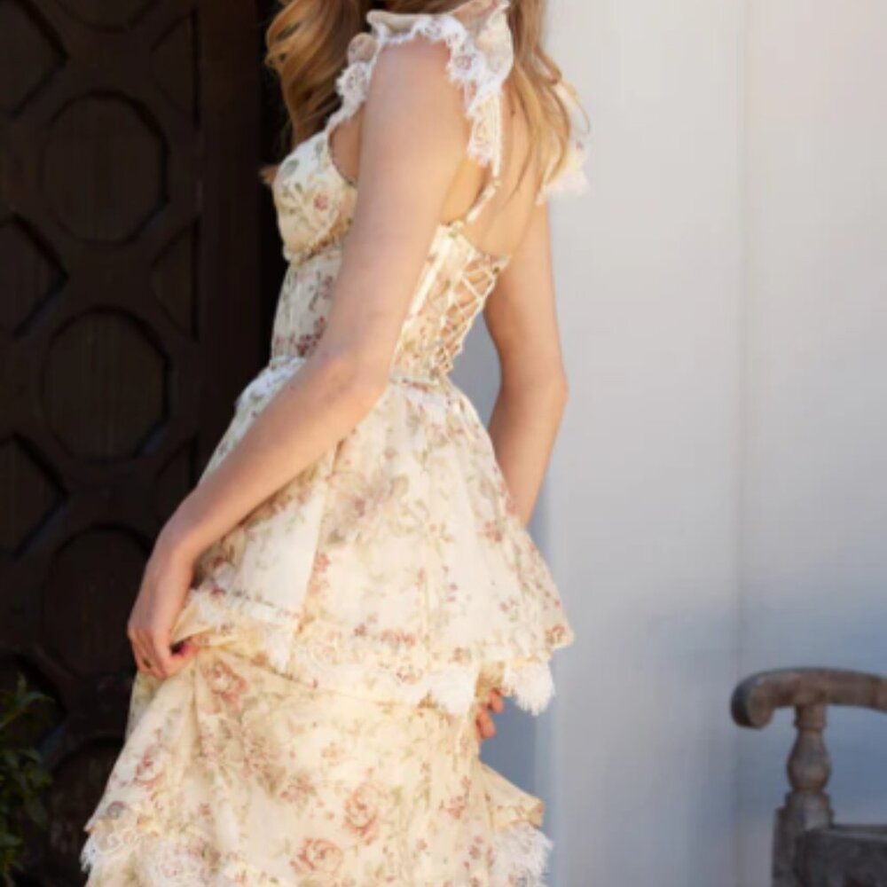 V. Chapman Floral Tiered Maxi Dress in Cream and Pink - Picture 3 of 16